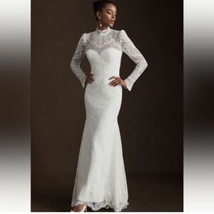 nthropologie Willowby Orianna Gown Size 14 High Neck Open Back Ivory Lace NWOT